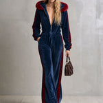 Casual Retro Color-blocked Faux Fur Collar And Leopard Print Trim Blue Velvet Jumpsuit