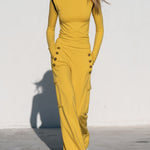 Women's Yellow Turtleneck Long-sleeved Top Paired With Black Trimmed Cargo Pants Set