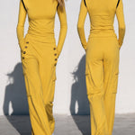Women's Yellow Turtleneck Long-sleeved Top Paired With Black Trimmed Cargo Pants Set