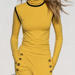 Women's Yellow Turtleneck Long-sleeved Top Paired With Black Trimmed Cargo Pants Set