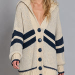 Navy Herringbone-Stripe Oversized Chunky-Knit Hooded Cardigan