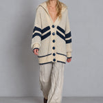 Navy Herringbone-Stripe Oversized Chunky-Knit Hooded Cardigan