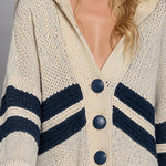 Navy Herringbone-Stripe Oversized Chunky-Knit Hooded Cardigan