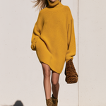 Oversized Turtleneck Mustard Yellow Knitted Long-sleeved Mini Dress