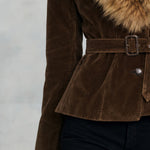 Retro-chic Faux Fur Collar Brown Faux Suede Single-breasted Belted Coat