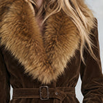 Retro-chic Faux Fur Collar Brown Faux Suede Single-breasted Belted Coat