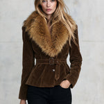 Retro-chic Faux Fur Collar Brown Faux Suede Single-breasted Belted Coat