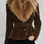Retro-chic Faux Fur Collar Brown Faux Suede Single-breasted Belted Coat