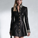 Stylish Urban Striped trim Metal buckle Black PU Mini Dress