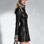 Stylish Urban Striped trim Metal buckle Black PU Mini Dress