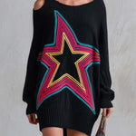 Retro Neon Star Cold Shoulder Oversized Batwing Sleeve Black Sweater Mini Dress