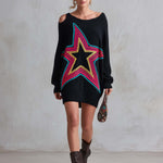 Retro Neon Star Cold Shoulder Oversized Batwing Sleeve Black Sweater Mini Dress