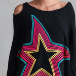 Retro Neon Star Cold Shoulder Oversized Batwing Sleeve Black Sweater Mini Dress