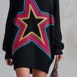 Retro Neon Star Cold Shoulder Oversized Batwing Sleeve Black Sweater Mini Dress