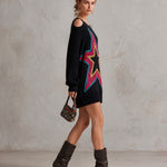 Retro Neon Star Cold Shoulder Oversized Batwing Sleeve Black Sweater Mini Dress