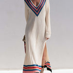 Retro Sporty Cream Varsity Stripe V-Neck Ribbed Knit Side Slit Sweater Maxi Dress