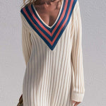Retro Sporty Cream Varsity Stripe V-Neck Ribbed Knit Side Slit Sweater Maxi Dress