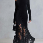 Vintage Romantic Black Fuzzy Knit Long Sleeve Sheer Lace Hem Bodycon Maxi Dress