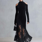 Vintage Romantic Black Fuzzy Knit Long Sleeve Sheer Lace Hem Bodycon Maxi Dress