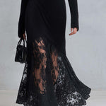 Vintage Romantic Black Fuzzy Knit Long Sleeve Sheer Lace Hem Bodycon Maxi Dress