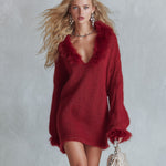 Retro Red Loose-fit Faux-fur Trimmed Mohair Knit Mini Dress