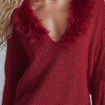 Retro Red Loose-fit Faux-fur Trimmed Mohair Knit Mini Dress