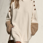 Women's Loose Button Cream White Lambswool Sleeve Mini Dress