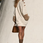 Women's Loose Button Cream White Lambswool Sleeve Mini Dress