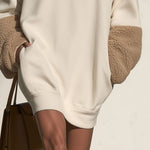 Women's Loose Button Cream White Lambswool Sleeve Mini Dress