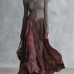Retro Ribbed Knit Bodice Plaid Collared Maxi Dress
