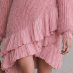 Retro Chic And Elegant Irregular Chiffon Ruffled Pink V-neck Knit Mini Dress