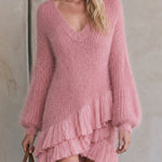 Retro Chic And Elegant Irregular Chiffon Ruffled Pink V-neck Knit Mini Dress