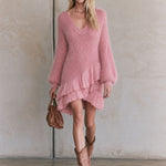 Retro Chic And Elegant Irregular Chiffon Ruffled Pink V-neck Knit Mini Dress