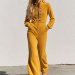 Women's Zipper Button Mustard Yellow Fleece Wide-Leg Jumpsuit