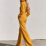 Women's Zipper Button Mustard Yellow Fleece Wide-Leg Jumpsuit