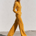 Women's Zipper Button Mustard Yellow Fleece Wide-Leg Jumpsuit