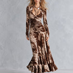 Women's Vintage Beige Animal Print Pleated Ruffle Maxi Dress