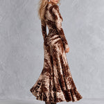 Women's Vintage Beige Animal Print Pleated Ruffle Maxi Dress