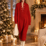 Fashionable Retro Gold Button Half-zip Red Knit Midi Dress