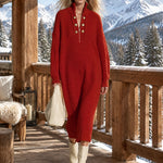 Fashionable Retro Gold Button Half-zip Red Knit Midi Dress