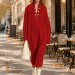 Fashionable Retro Gold Button Half-zip Red Knit Midi Dress
