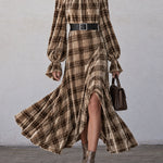 Retro Chic And Elegant Brown Turtleneck Plaid Velvet Print Maxi Dress