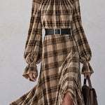 Retro Chic And Elegant Brown Turtleneck Plaid Velvet Print Maxi Dress