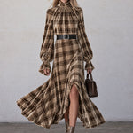 Retro Chic And Elegant Brown Turtleneck Plaid Velvet Print Maxi Dress