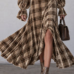 Retro Chic And Elegant Brown Turtleneck Plaid Velvet Print Maxi Dress