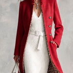 Retro-elegant Leopard Print Lining Red Ruffled Single-breasted Wool Blend Coat