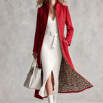 Retro-elegant Leopard Print Lining Red Ruffled Single-breasted Wool Blend Coat
