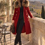 Fashionable Retro Faux Fur Collar Zipper Button Burgundy Long Coat