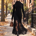 Vintage Romantic Black Fuzzy Knit Long Sleeve Sheer Lace Hem Bodycon Maxi Dress