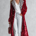 Stylish Loose-fitting Leopard-print Collar Red Velvet Coat